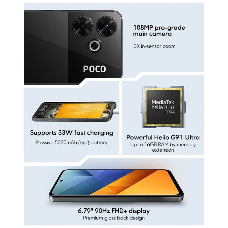 Global Version POCO M6 4G Cellphone 108MP Pro Grade Camera Helio G91 Ultra 6.79" 90Hz display 5030mAh Battery 33W fast charging